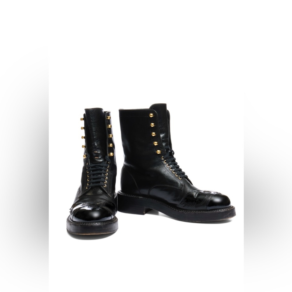 Chanel FW13 Paris–Edinburgh Black Combat Boots Gold Button Size 38